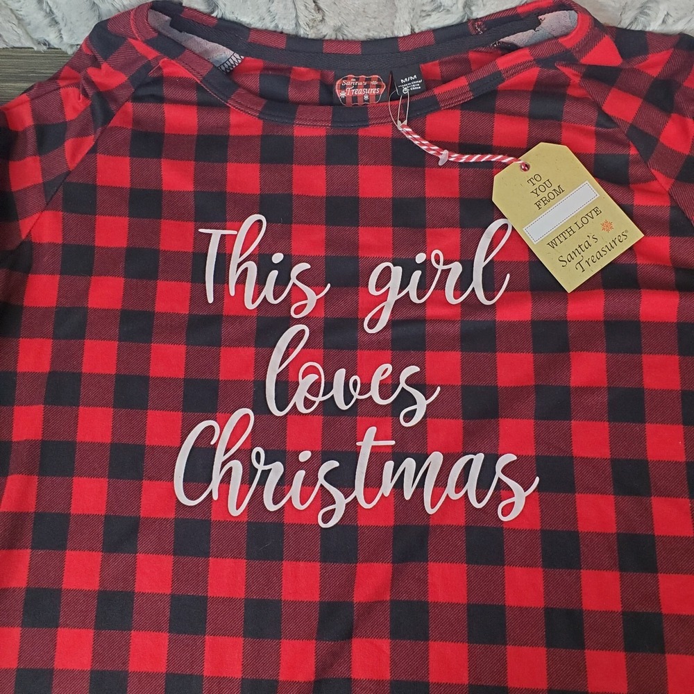 Santa's Treasures THIS GIRL LOVES CHRISTMAS  Buffalo Plaid Nightgown Women's Med